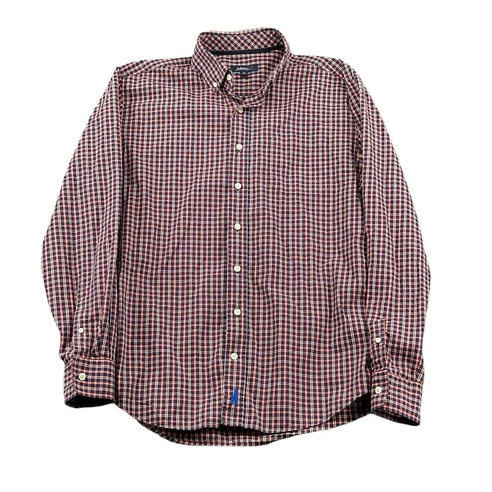 Johnnie O‎ Shirt Mens Medium Red Blue Plaid Button Up 100% Cotton Casual Preppy